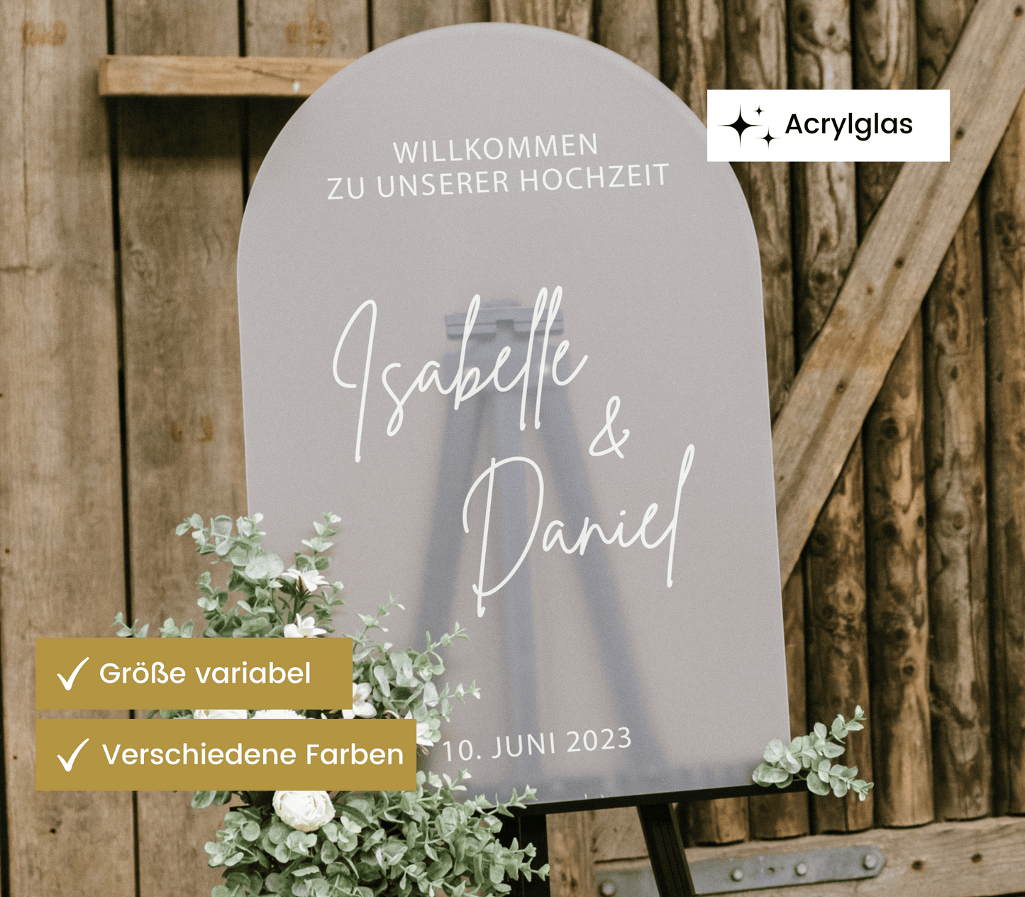 Willkommen “Pauline” auf oben abgerundetem Schild – Acrylschild